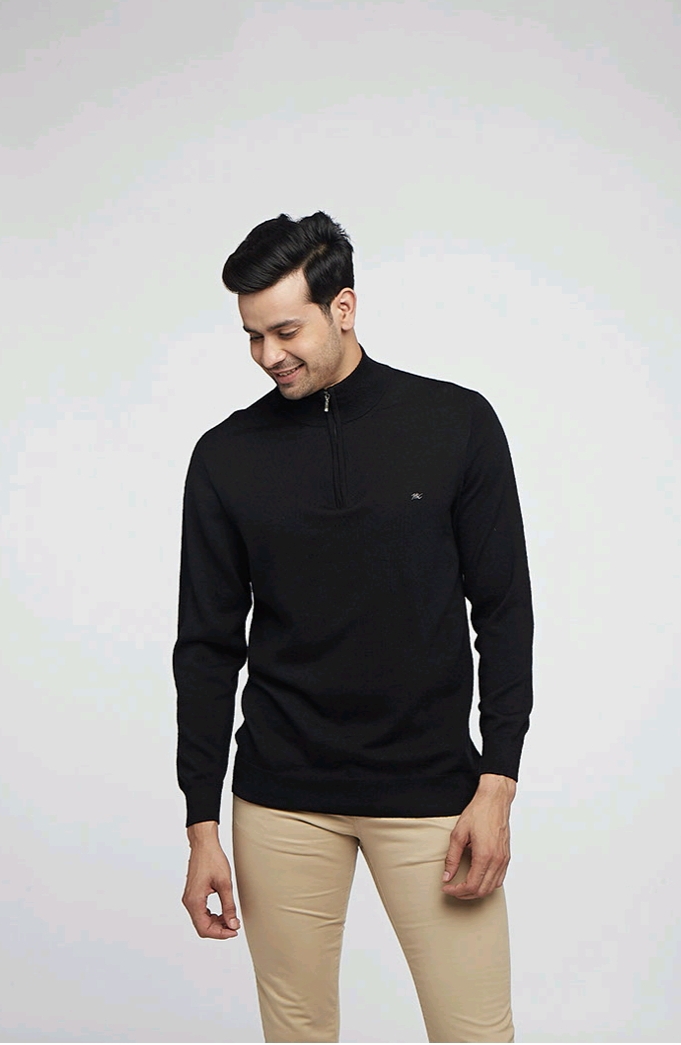 Half Zipper Black  Wool Monte Carlo Pullover Sweater | Men